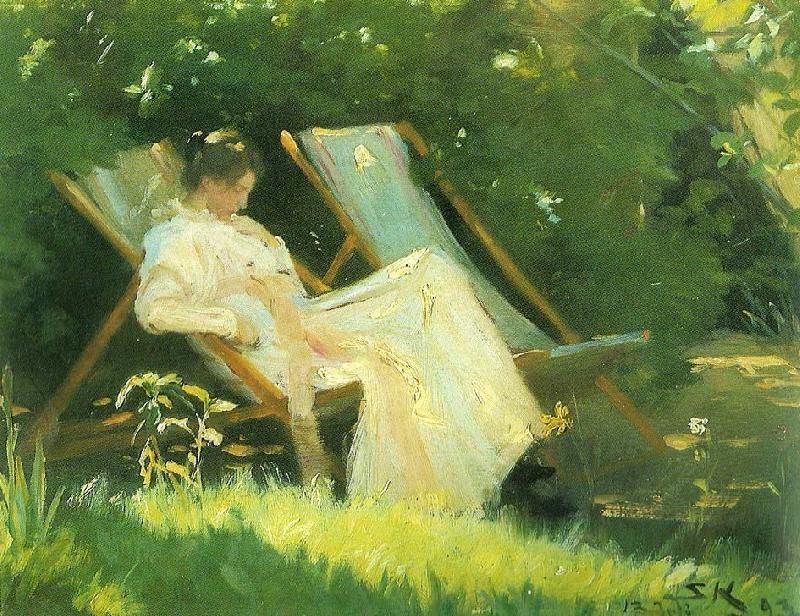 Peter Severin Kroyer kunstnerens hustru siddende i en havestol i deres have pa skagen oil painting picture